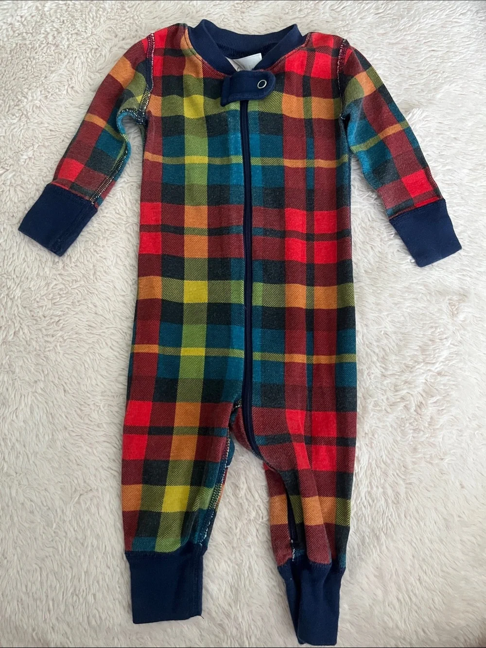 Hanna Andersson Rainbow Plaid Footed One-Piece with Navy Trim